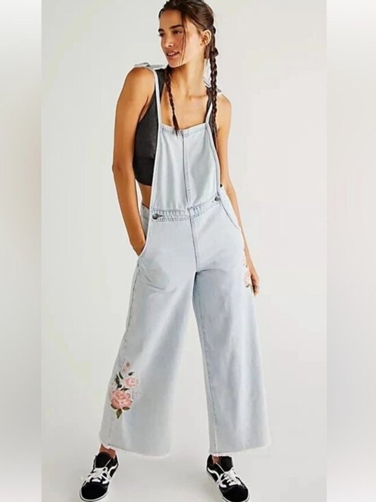 DRIFTWOOD Pants - Free People x Driftwood Raphy Embroidered Denim Overalls XS Boho Wide Leg Floral